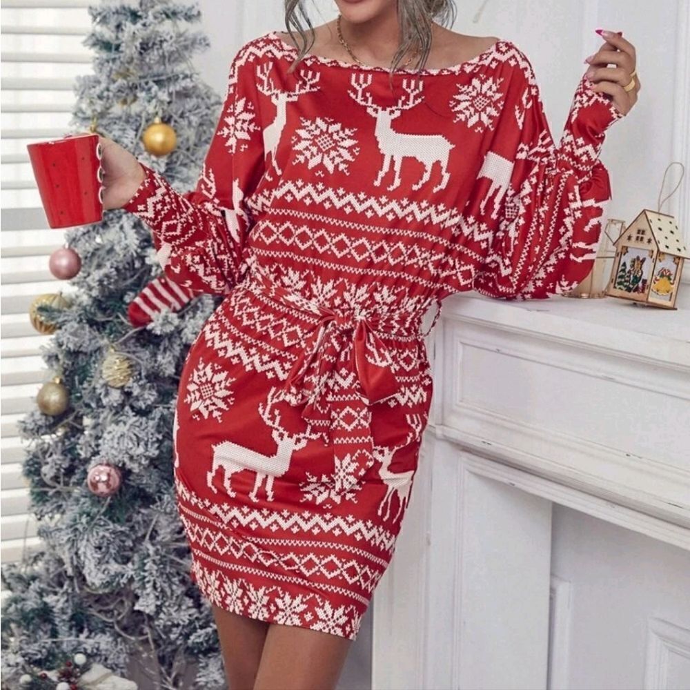 SHEIN Red White Christmas Print Long Sleeve Wide Neck Tie Waist Dress Size XL